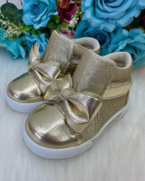 Tênis Bota Encanto de Criança Lacinho Dourado Glitter Rebeca