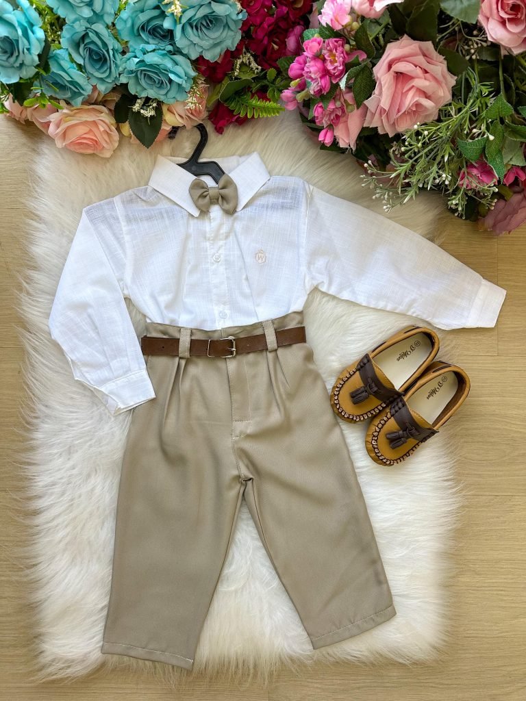 Conjunto Masculino Miss Cherry Social Branco Linho Com Calça Bege Henrique