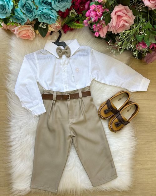 Conjunto Masculino Miss Cherry Social Branco Linho Com Calça Bege Henrique