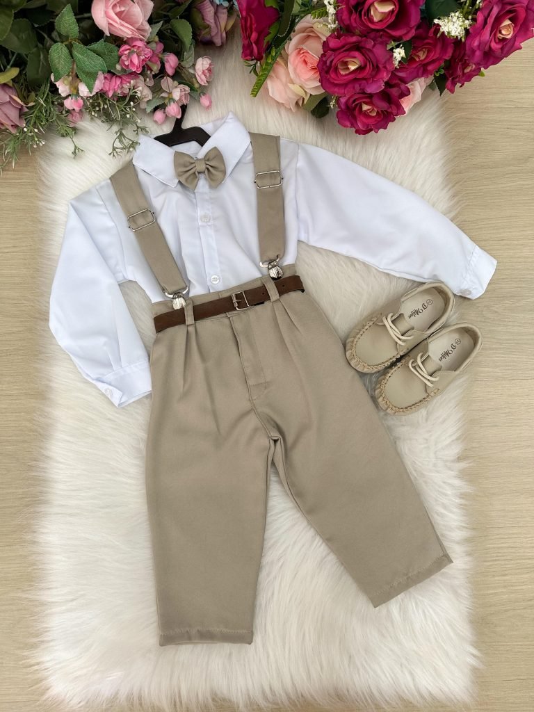 Conjunto Meninos Miss Cherry Leo Suspensorio Bege