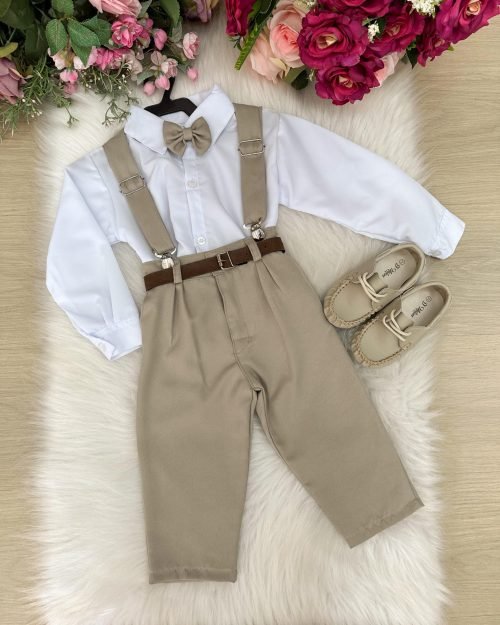 Conjunto Meninos Miss Cherry Leo Suspensorio Bege