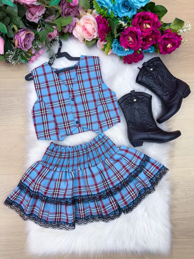 Conjunto Junino Miss Cherry Melissa Xadrez Azul Bebe