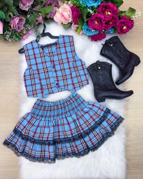 Conjunto Junino Miss Cherry Melissa Xadrez Azul Bebe