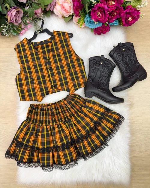 Conjunto Junino Miss Cherry Melissa Xadrez Amarelo