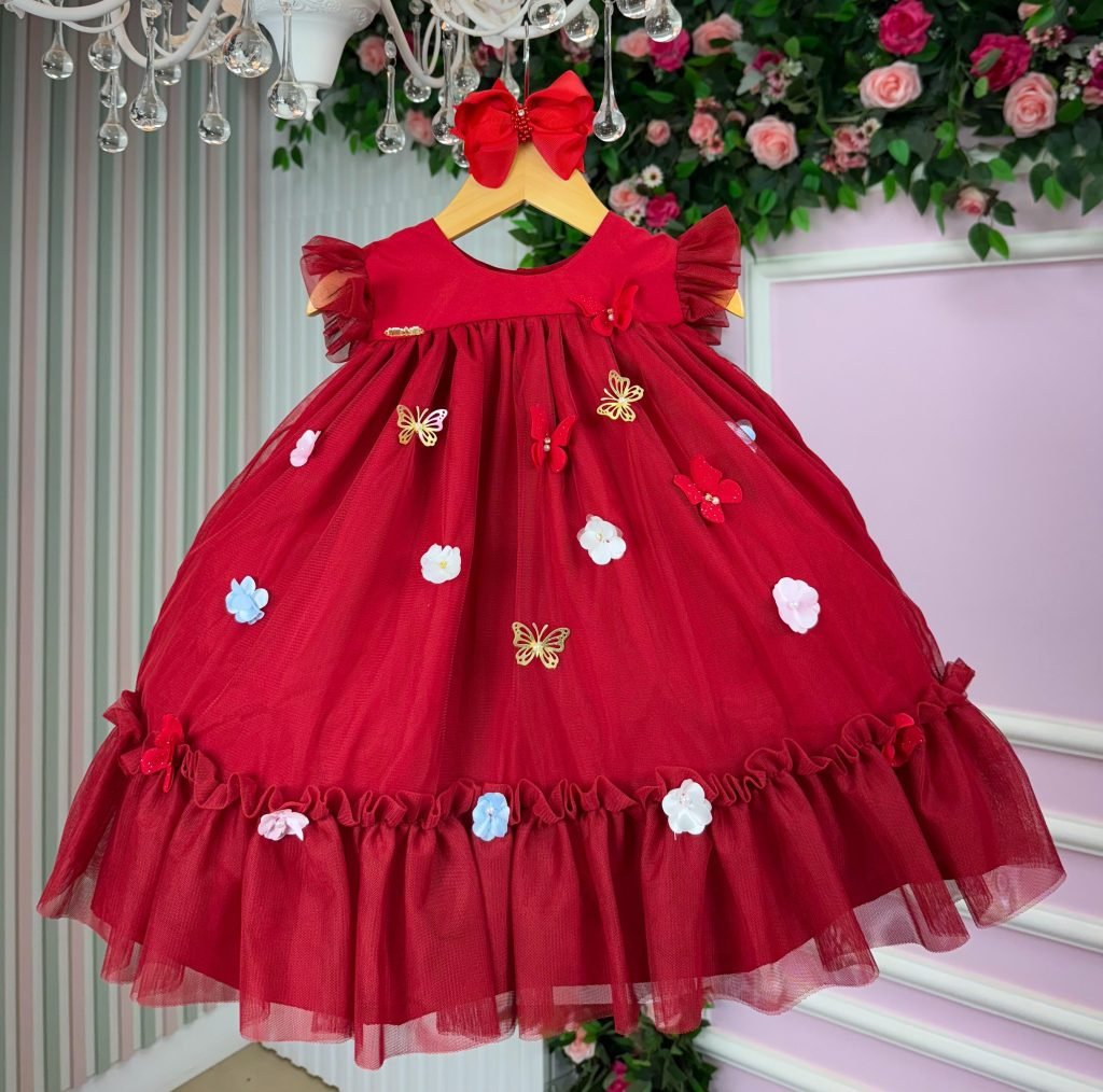 Vestido Vila Lele Jardim das Borboletas Baby Liz Vermelho