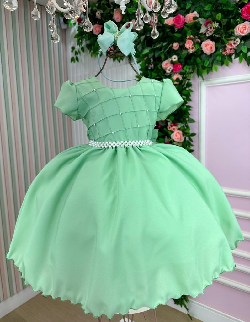 Vestido Ysa Kids Verde Oliva Peito Perolas