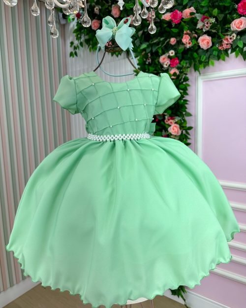 Vestido Ysa Kids Verde Oliva Peito Perolas
