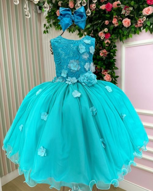 Vestido Juvenil Vila Lele Regata Flores Verde Tiffany