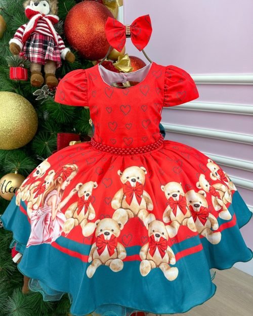 Vestido Mimadine Ursinho Menininha Vermelho Natal