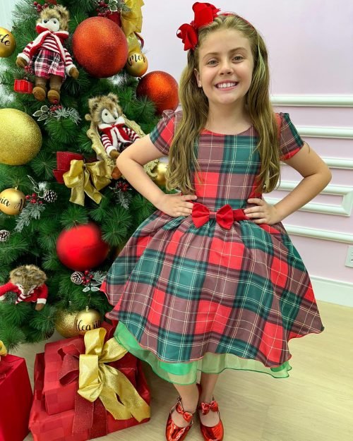 Vestido Banana Club Xadrez Vermelho e Verde Natal