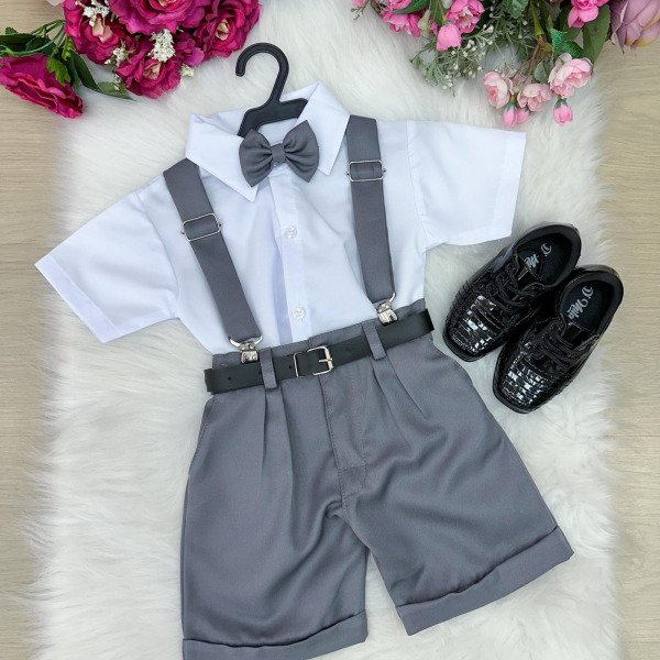 Conjunto Miss Cherry Meninos Social Shorts Ravi Cinza Grafit