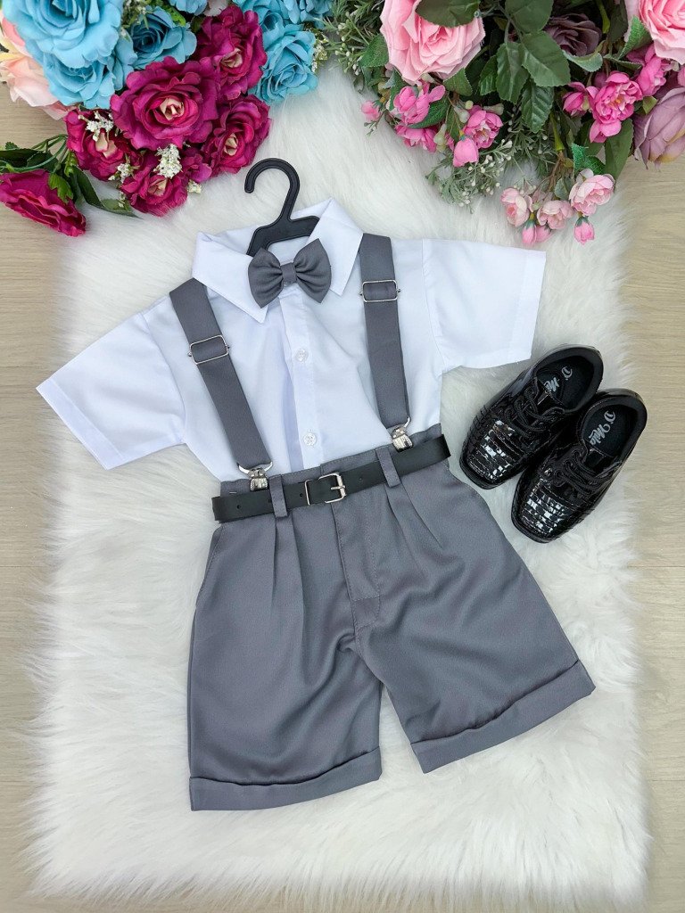 Conjunto Miss Cherry Meninos Social Shorts Ravi Cinza Grafit