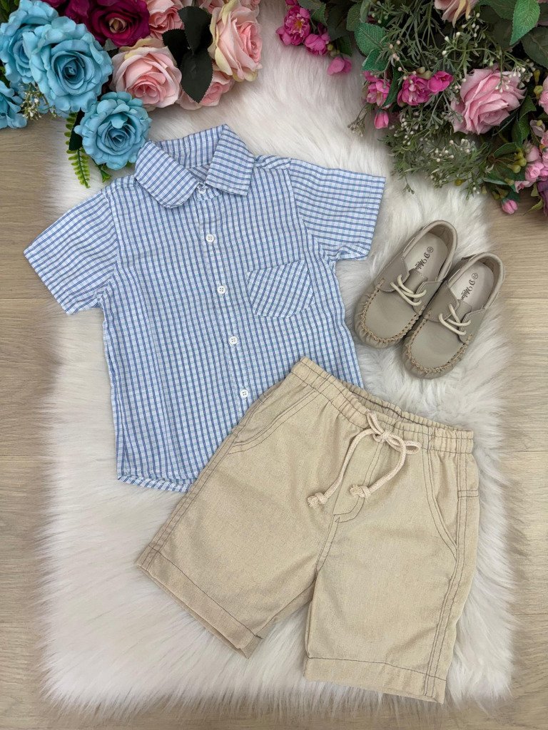 Conjunto Meninos Lucas Banana Club Shorts Camisa Azul Listra