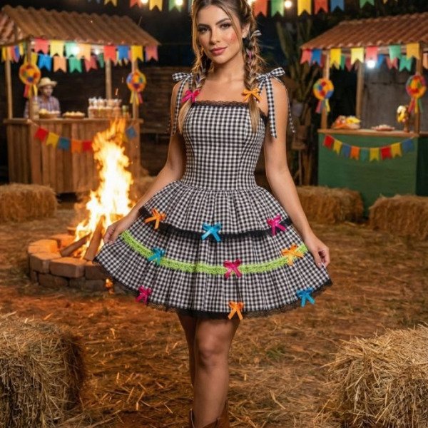 Vestido Banana Club Junino Luxo Arraia do Chamego Preto