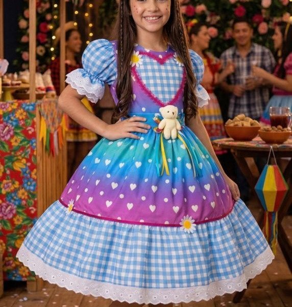 Vestido Marie Junino Luxo Ursinho do Sertão Azul