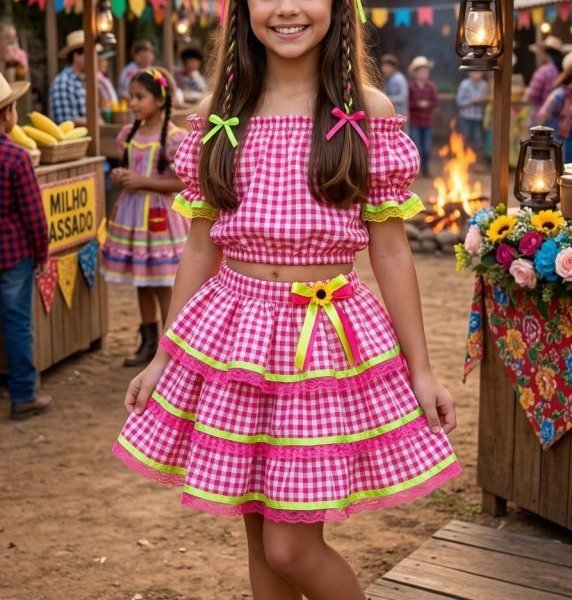 Conjunto Junino Banana Club Luxo Gabriela Xadrez Pink