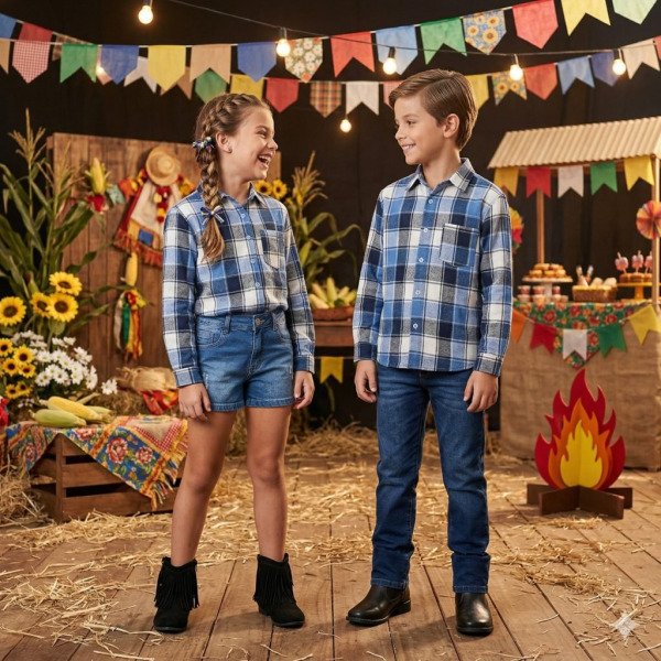 Camisa Flanelada Xadrez Junina James Azul