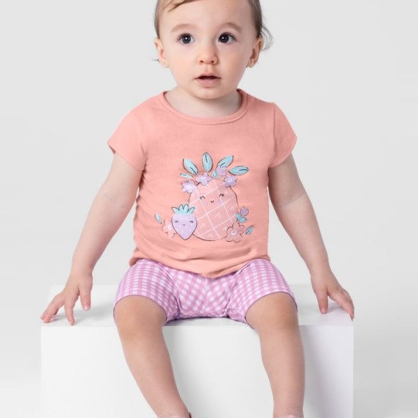 Conjunto Infantil Feminino Blusa Meia Malha e Bermuda Ciclista Cotton Brandili