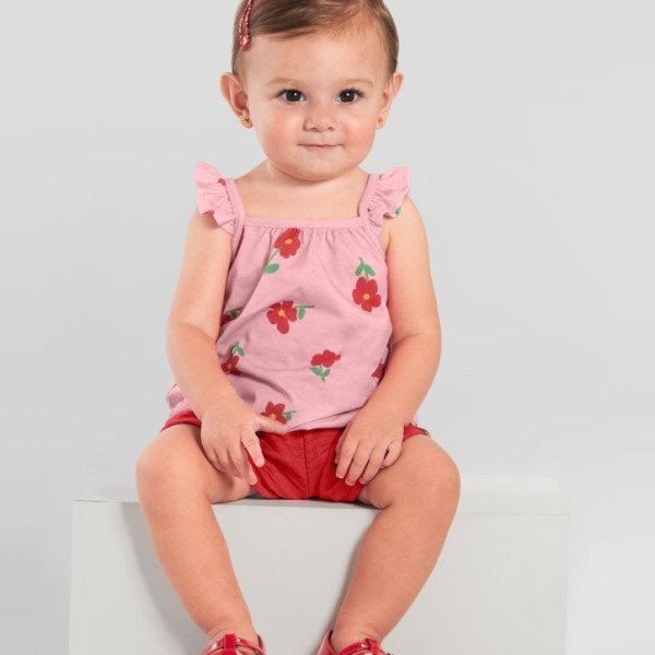 Conjunto Infantil menina de Blusa Meia Malha estampa Floral / Shorts Moletinho Trabalhado BRANDILI – P a 3 anos