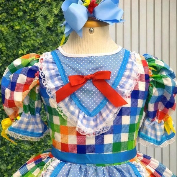 Vestido Infantil Junino Caipira Festas Xadrez Azul Colorido Festas