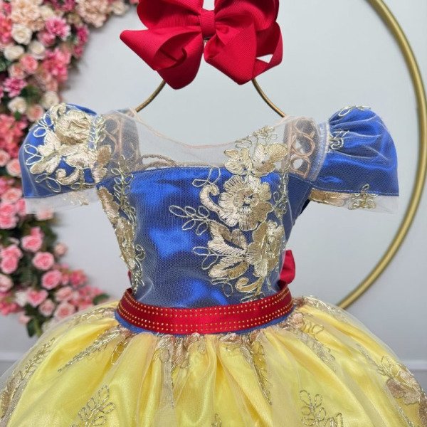 Vestido Infantil Branca de Neve Renda Metalizada Dourada