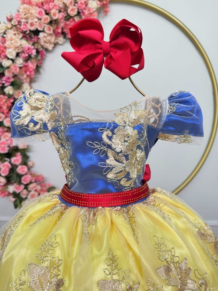 Vestido Infantil Branca de Neve Renda Metalizada Dourada