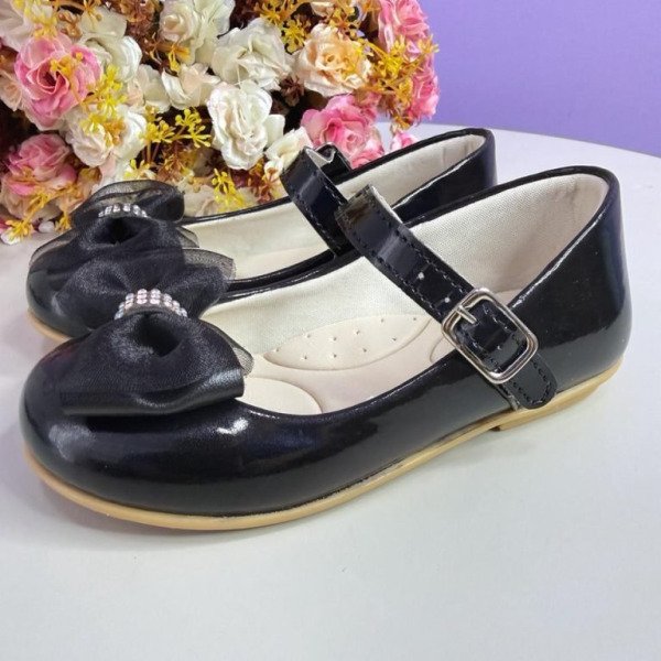 Sapatinho Infantil Preto Verniz C/ Aplique Lacinho Strass