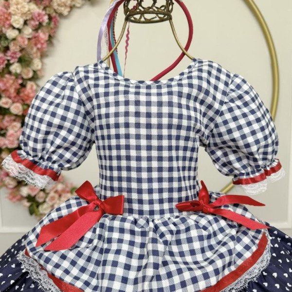 Vestido Infantil Junino Arraiá Azul Marinho Xadrez Laços
