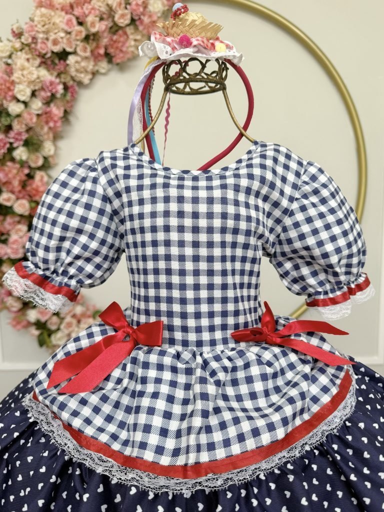 Vestido Infantil Junino Arraiá Azul Marinho Xadrez Laços