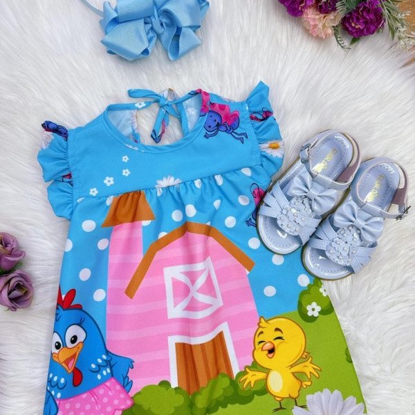 Vestido Infantil Trapézio da Galinha Pintadinha Manga Flu-Flu