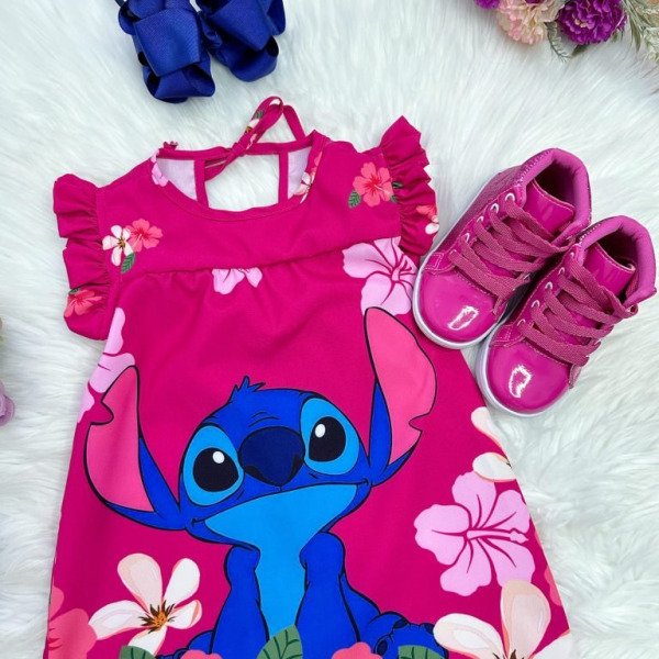Vestido Infantil Trapézio Lilo Stitch e Angel Pink Manga Flu-Flu