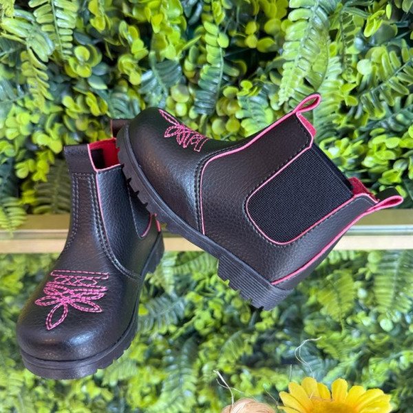 Botinha Infantil Jequinha Junina Caipira Preta Pink Bordada