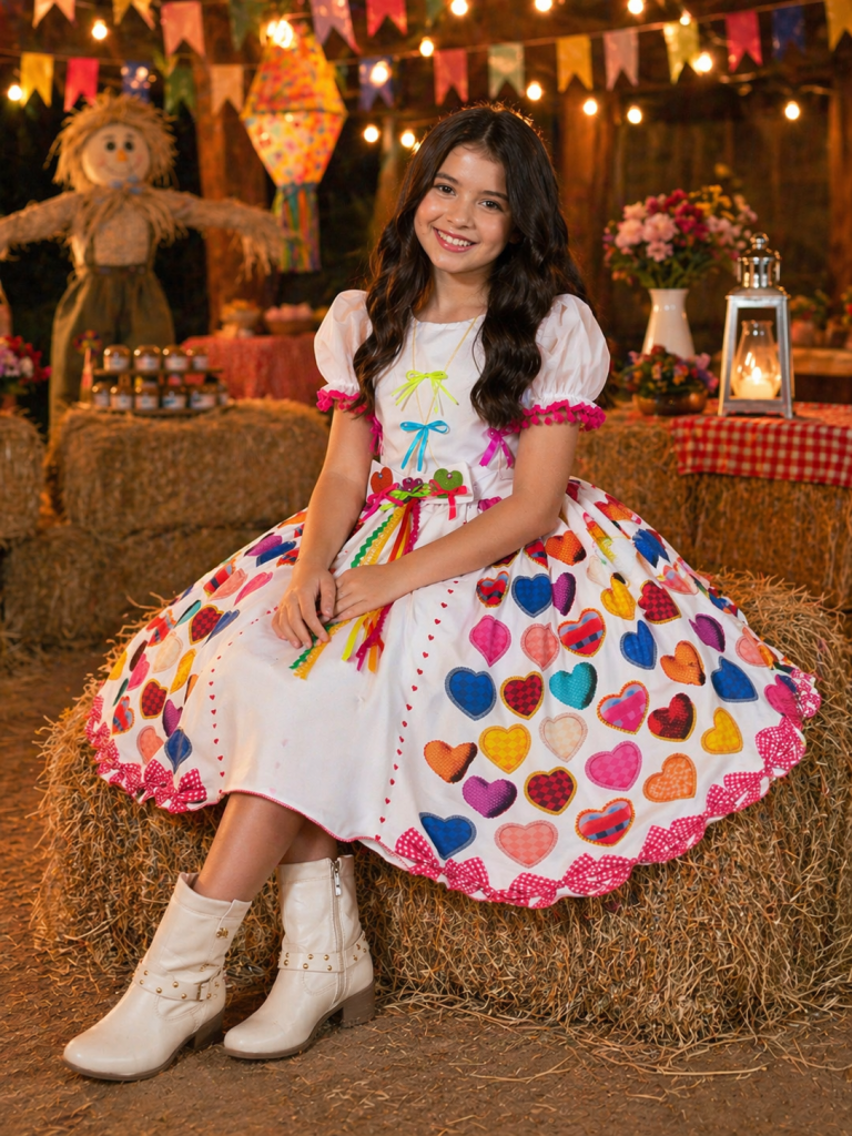 Vestido Infantil Junino Arraiá Branco Noiva Noivinha Junina