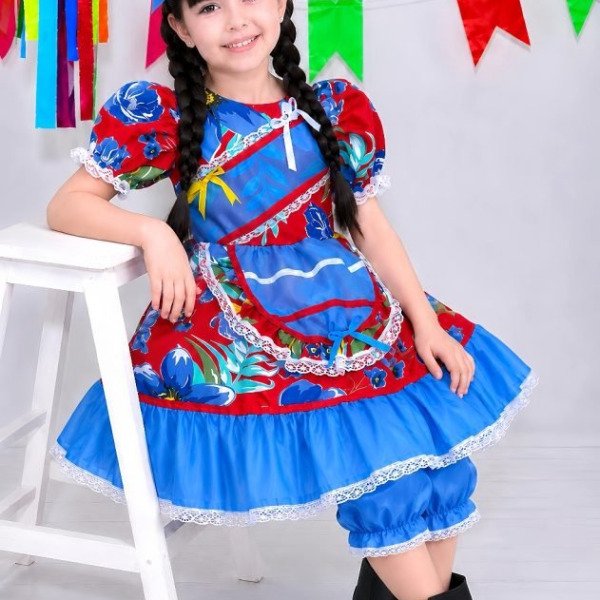 Vestido Infantil Junino Arraiá Vermelho e Azul Colorido