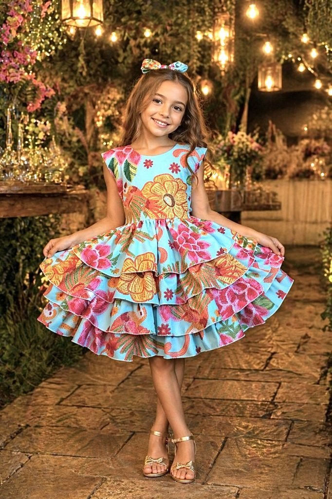Vestido Infantil Floral  Casual Verde C/ Babados
