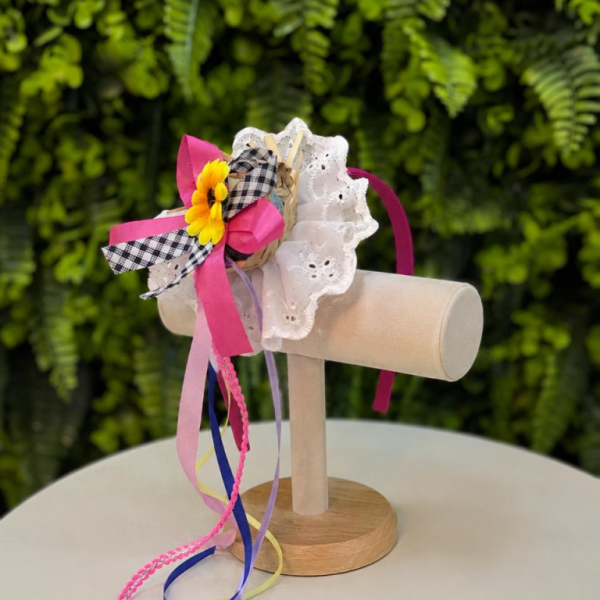 Tiara Junina Infantil Pink com Chapéu de Palha e Girassol