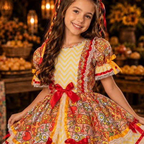 Vestido Caipira Infantil Luxo para Festa Junina com Renda e Laços