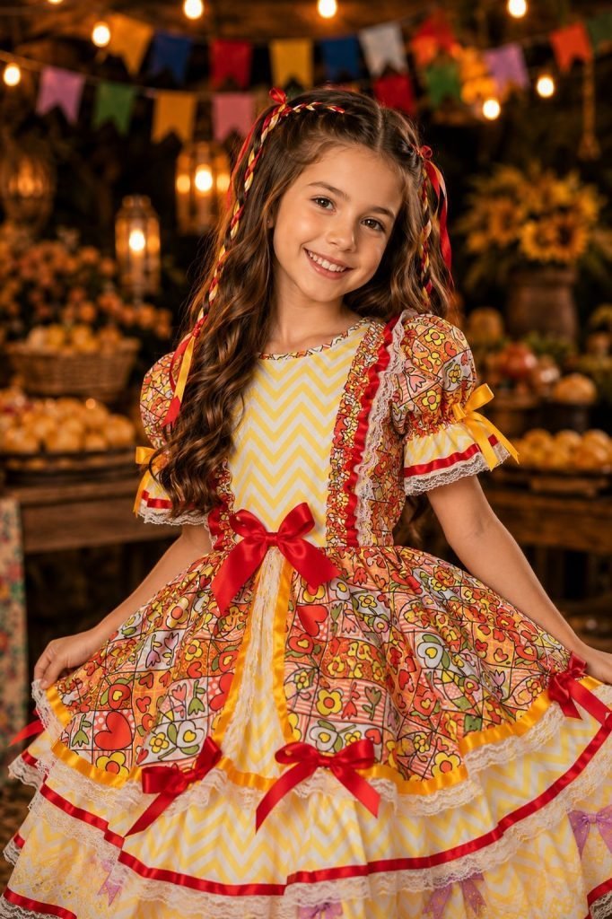 Vestido Caipira Infantil Luxo para Festa Junina com Renda e Laços