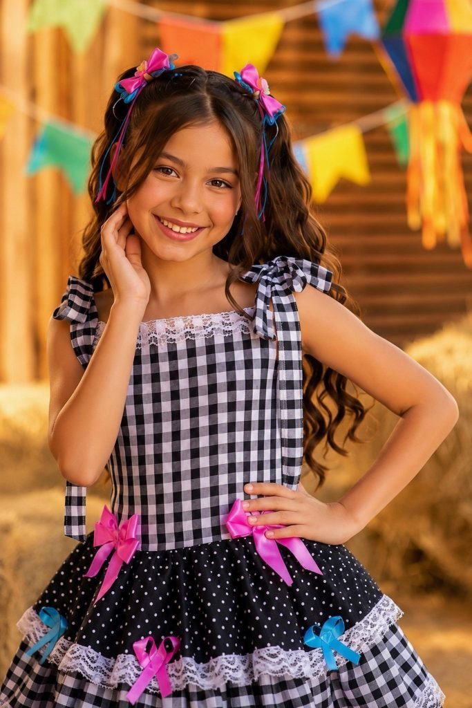 Vestido Infantil de Alça Junino Arraiá Festas Preto Xadrez