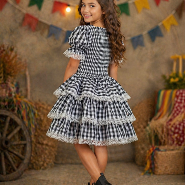 Vestido Infantil Junino Arraiá Festas Preto Xadrez