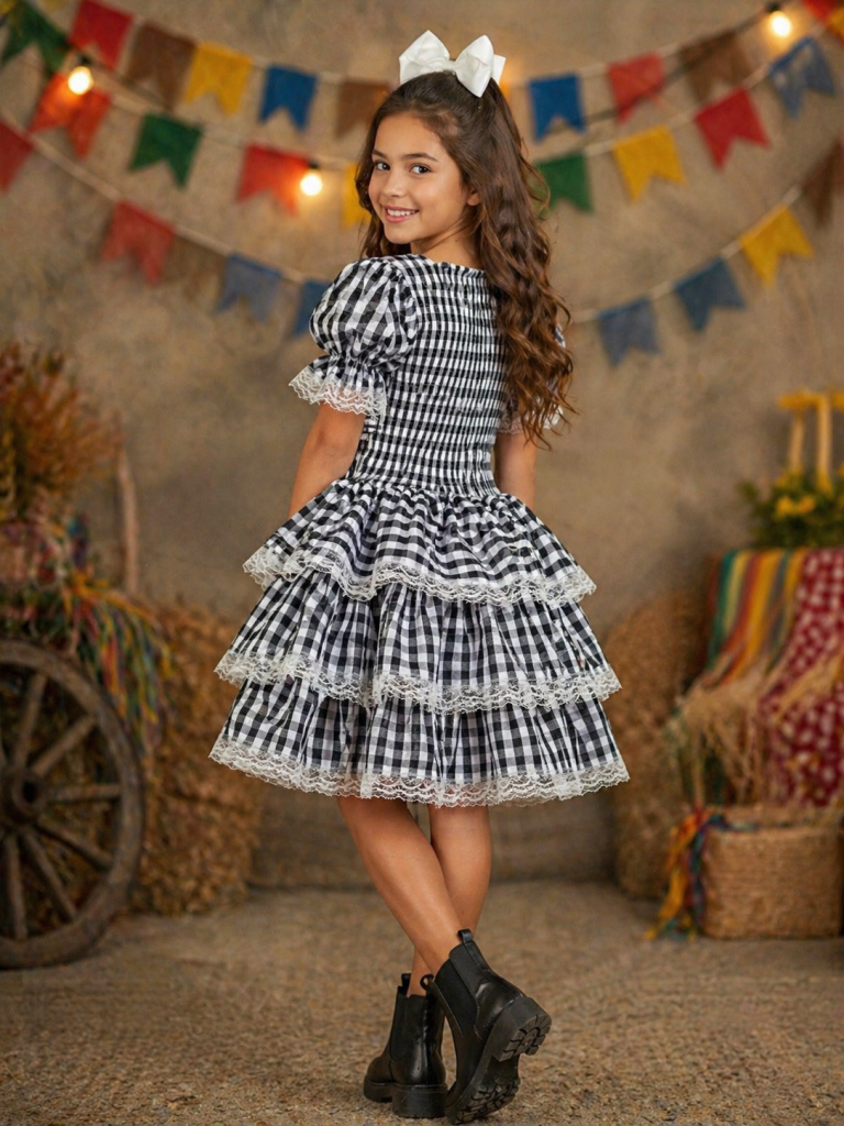 Vestido Infantil Junino Arraiá Festas Preto Xadrez