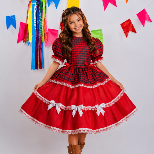Vestido Infantil Junino Arraiá Vermelho Xadrez Laços e Rendas