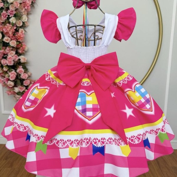 Vestido Infantil Junino Festas Arraiá Pink Coração Colorido