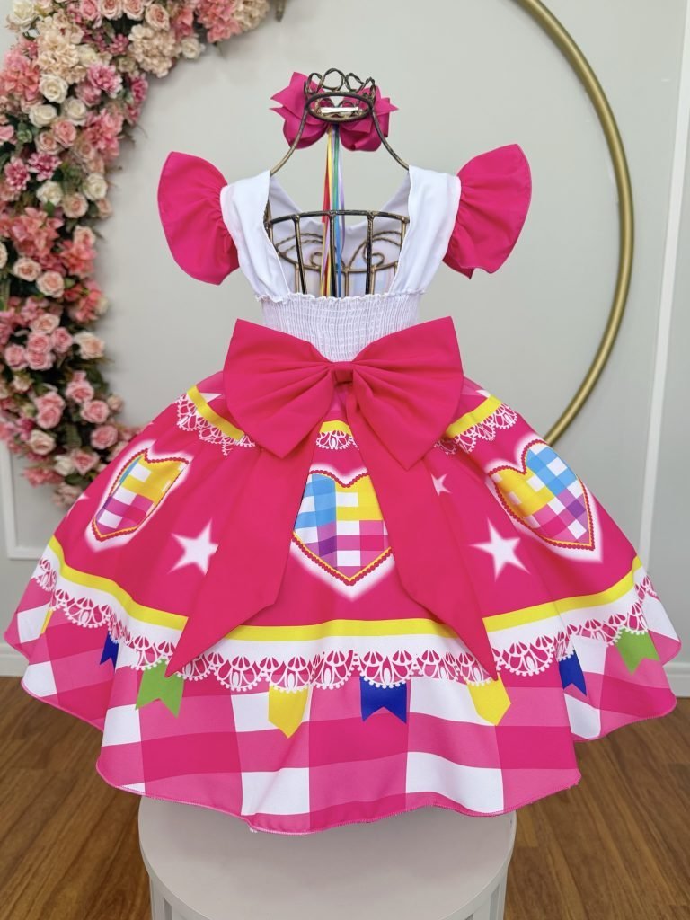 Vestido Infantil Junino Festas Arraiá Pink Coração Colorido