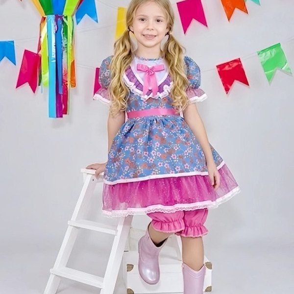 Vestido Infantil Junino Festas Azul Florido e Brilho