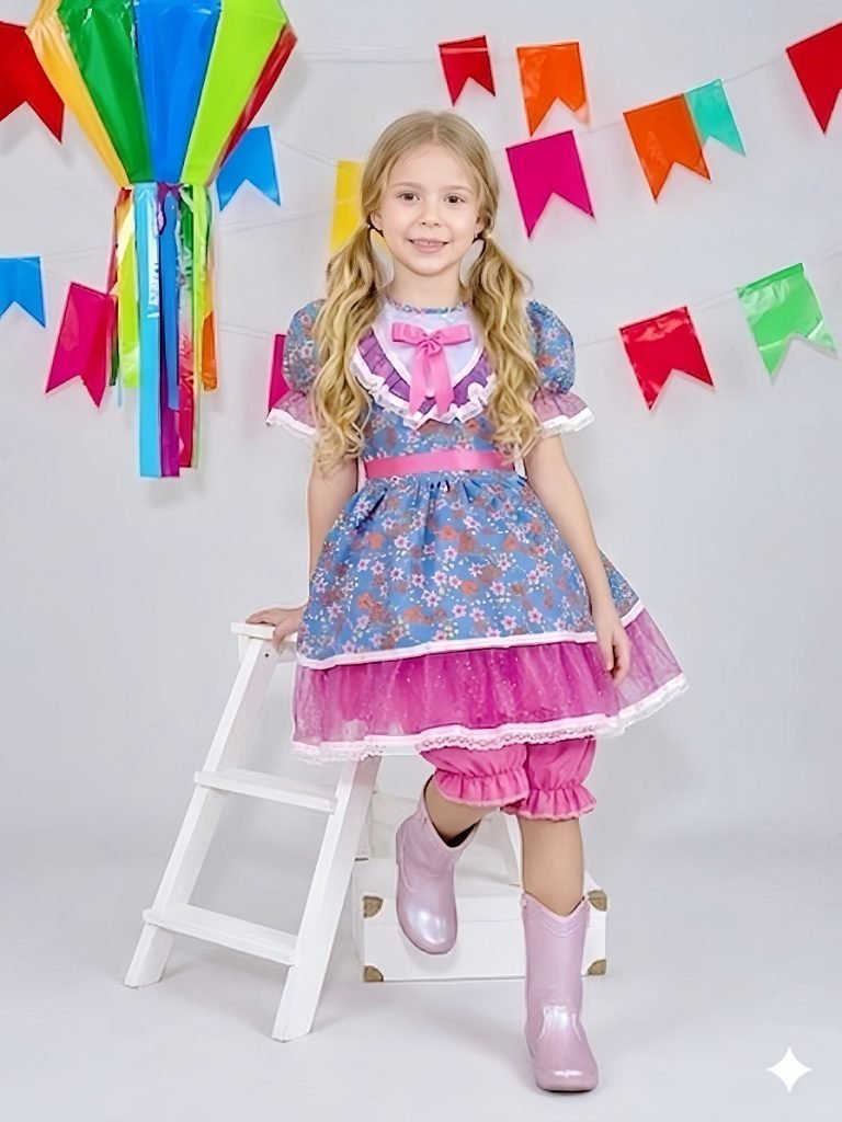 Vestido Infantil Junino Festas Azul Florido e Brilho