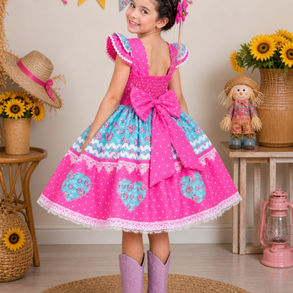 Vestido Infantil Junino Pink Colorido Luxo Festas