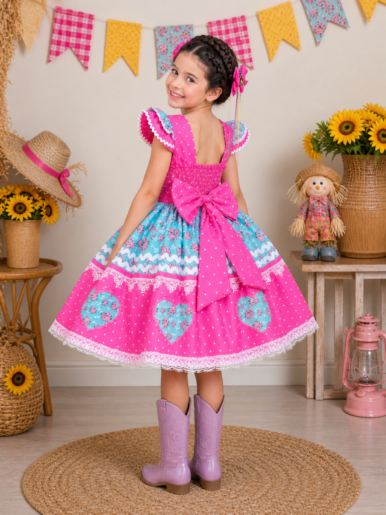 Vestido Infantil Junino Pink Colorido Luxo Festas