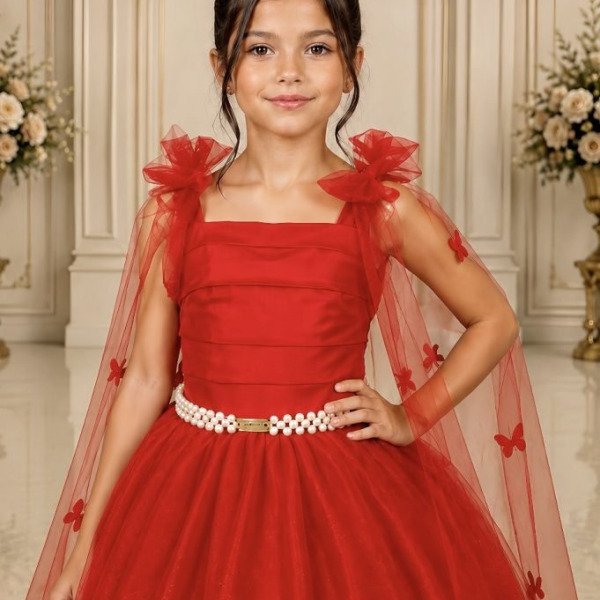 Vestido Infantil Longo Vermelho C/ Aplique de Borboletas Festas
