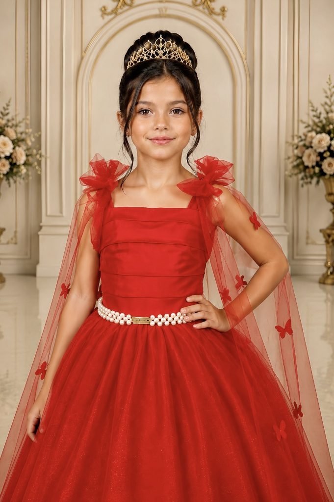 Vestido Infantil Longo Vermelho C/ Aplique de Borboletas Festas